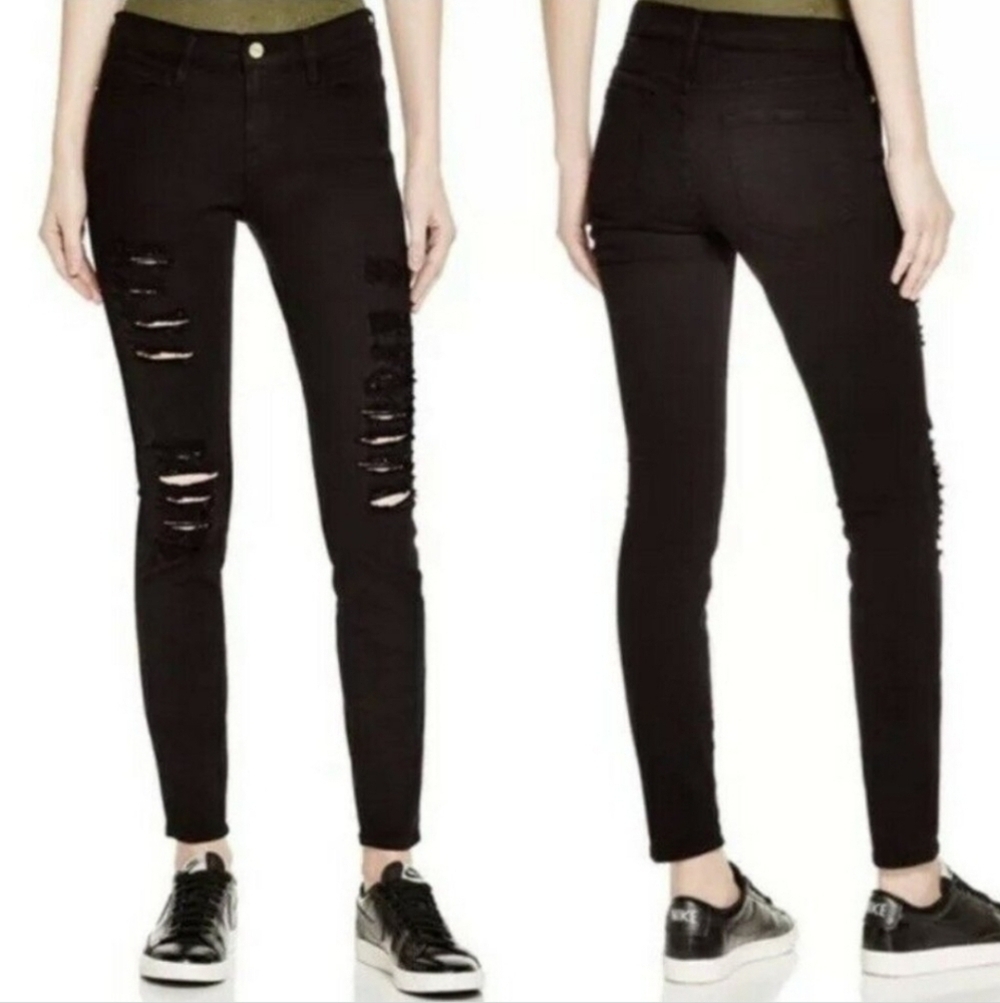 FRAME Denim Le Skinny De Jeanne Black Distressed Black Skinny Jeans
